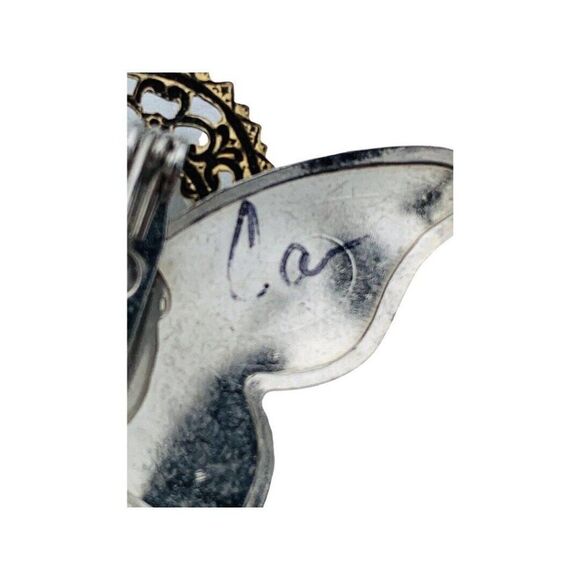 Vintage Silver Gold Tone Faux White Pearl Rhinestone Paisley Heart Angel Brooch - Picture 6 of 6